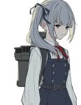  1girl bangs belt brown_eyes closed_mouth deco_(geigeki_honey) dress eyebrows_visible_through_hair grey_hair hair_ribbon highres kantai_collection kasumi_(kantai_collection) long_hair long_sleeves neck_ribbon pinafore_dress ponytail red_neckwear remodel_(kantai_collection) ribbon rigging shirt side_ponytail simple_background sleeveless sleeveless_dress solo white_background white_shirt 