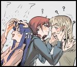  3girls ? awa_subaru black_border blue_eyes blue_hair blue_jacket blush border brown_hair brown_shirt brown_sweater commentary_request eye_contact fang finger_in_another&#039;s_mouth girls_band_cry grey_background grey_eyes hair_ribbon highres hood hood_down hooded_jacket iseri_nina jacket kawaragi_momoka long_sleeves looking_at_another m_no_harawata multicolored_hair multiple_girls ribbon roots_(hair) shirt short_hair short_twintails sidelocks simple_background sweatdrop sweater tongue tongue_out twintails white_ribbon 