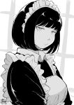  1girl absurdres apron dated frills greyscale hadashi_no_kenji highres indoors looking_at_viewer maid_headdress medium_hair monochrome original solo 