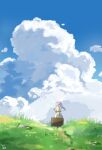  1girl absurdres blue_sky blush capelet cloud commentary_request cruvie cumulonimbus_cloud day elf floating_hair frieren from_side grass green_eyes grey_hair highres holding holding_suitcase long_hair looking_afar outdoors pointy_ears profile signature skirt sky solo sousou_no_frieren standing suitcase twintails white_capelet white_skirt wide_shot 