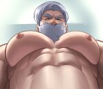  1boy abs bara beard_over_mouth drayden_(pokemon) foreshortening from_below grey_hair highres huge_pectorals lamasart looking_at_viewer looking_down male_focus meme muscular muscular_male nipples nude photo-referenced pokemon pokemon_bw short_hair solo thick_eyebrows upper_body white_hair yur_oc_like_this_(meme) 