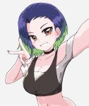  1girl bare_shoulders black_choker blue_hair bob_cut breasts brown_eyes camera choker collarbone crop_top gradient_hair grey_shirt highres holding holding_camera loose_hair_strand medium_breasts midriff multicolored_hair navel pan_mi_8 perrin_(pokemon) pokemon pokemon_sv ribbed_shirt selfie shirt sleeveless sleeveless_shirt solo undershirt upper_body v-neck 