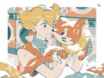  1boy barry_(pokemon) blonde_hair border buizel clenched_teeth commentary_request eye_contact hands_up highres holding holding_pokemon jacket looking_at_another male_focus omyo_(myomyomyo22) orange_eyes outside_border pokemon pokemon_(creature) pokemon_dppt scarf short_sleeves signature soap_bubbles sock_in_mouth socks striped_clothes striped_jacket teeth washing_machine wet white_border 