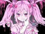 1girl aegyo_sal black_background blush bow collar gloves hair_bow hatsune_miku highres hiro_0607 holding holding_wand light_blush looking_at_viewer magical_girl mahou_shoujo_to_chokorewito_(vocaloid) melting parted_lips pink_hair pink_theme solo twintails vocaloid wand white_gloves wings 