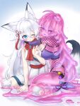  2girls animal_ears blue_eyes blush breasts curss dissolving_clothes dress fox_ears fox_girl fox_tail hair_ornament highres long_hair looking_at_viewer monster_girl multiple_girls one_eye_closed original purple_eyes red_scarf scarf slime_girl smoke tail thighhighs white_dress white_hair 