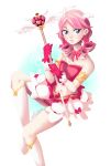  1girl artist_name bad_source bare_shoulders blue_eyes boots bow dress elodie gloves holding holding_wand knee_boots long_live_the_queen long_neck looking_at_viewer pink_bow pink_gloves pink_hair simple_background skrillbug solo wand white_background white_footwear 