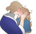  2girls artist_name blonde_hair blue_capelet blue_robe blush braid capelet choker commentary dungeon_meshi ear_blush english_commentary falin_touden falin_touden_(tallman) half_updo hands_on_another&#039;s_face kiss koifee light_brown_hair long_hair marcille_donato multiple_girls open_mouth red_choker robe short_hair simple_background sweat twin_braids upper_body white_background yuri 