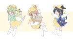  3girls 6+others :d backpack bag black_hair blue_bag blue_hair brown_hair bucket_hat ceres_fauna closed_eyes colored_inner_hair crossed_bangs dress flower friend_(nanashi_mumei) frilled_shirt frills green_ribbon hair_between_eyes hair_flower hair_ornament hair_over_one_eye hat highres hololive hololive_english hooman_(nanashi_mumei) jailbird_(nerissa_ravencroft) long_sleeves low_twintails multicolored_hair multiple_girls multiple_others nanashi_mumei neckerchief nemu_(ceres_fauna) nerissa_ravencroft on_head pocket ribbon sapling_(ceres_fauna) shadow_(nerissa_ravencroft) shirt shorts simple_background smile socks streaked_hair thigh_strap twintails virtual_youtuber white_shirt white_socks wings xx_tk9 yellow_background yellow_dress yellow_hat yellow_neckerchief yellow_shorts 