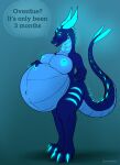  absurd_res anthro areola avastra belly big_belly big_breasts blue_body blue_eyes breasts claws dragon female glowing glowing_eyes glowing_markings hand_on_belly hi_res horn hyper hyper_pregnancy markings mythological_creature mythological_scalie mythology nikostargazer nipples nude pregnant pregnant_anthro pregnant_female scalie simple_background solo speech_bubble spikes stretch_marks tail 