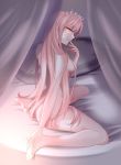  1girl absurdres ass barefoot bed breasts canopy_bed closed_mouth crown curtains fate/grand_order fate_(series) from_side hair_censor hair_over_breasts hands_on_feet highres indoors long_hair looking_at_viewer medb_(fate)_(all) medb_(fate/grand_order) medium_breasts nude on_bed pink_hair profile sideboob sitting smile soles solo straight_hair very_long_hair wariza yellow_eyes zasshu 