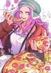  1girl absurdres brown_jacket crop_top eating english_commentary food food_on_face fur_jacket hat highres holding holding_food jacket jewelry_bonney jolly_roger long_hair looking_to_the_side mygiorni one_piece pink_hair pizza pizza_slice purple_eyes shirt simple_background smile smoke solo suspenders twitter_username white_shirt 