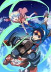  +_+ 1boy 1girl absurdres black_eyes black_hair blonde_hair blue_eyes blue_hair blue_jacket brown_footwear brown_shorts chiizu_ore cloud cloudy_sky commentary_request dress goggles goggles_on_head hair_between_eyes highres holding_hands jacket lagann long_sleeves multicolored_hair necktie nia_teppelin open_mouth pink_dress pink_footwear pink_jacket red_necktie shoes short_hair shorts simon_(ttgl) sky socks symbol-shaped_pupils teeth tengen_toppa_gurren_lagann two-tone_hair white_socks 