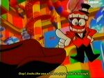  2boys black_pants blurry caine_(the_amazing_digital_circus) dentures derivative_work english_text fake_screenshot gloves gummigoo hat heterochromia indoors lu_(lueduar) multiple_boys pants pointing red_suit screenshot_redraw suit the_amazing_digital_circus top_hat twitter_username white_gloves 