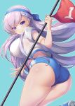  1girl ass azur_lane bangs belfast_(azur_lane) blue_background blue_buruma blue_footwear braid breasts buruma closed_mouth eyebrows_visible_through_hair flag gym_shirt gym_uniform highres holding holding_flag koflif large_breasts long_hair looking_at_viewer looking_to_the_side outline puffy_short_sleeves puffy_sleeves purple_eyes purple_hair shirt shoe_soles shoes short_sleeves smile solo standing standing_on_one_leg very_long_hair white_outline white_shirt 