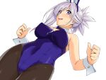  1girl animal_ears bad_source blue_eyes bow bowtie breasts brown_pantyhose covered_navel detached_collar fake_animal_ears fate/grand_order fate_(series) grey_hair haruhisky large_breasts long_hair miyamoto_musashi_(fate) pantyhose playboy_bunny ponytail purple_bow purple_bowtie purple_pantyhose rabbit_ears simple_background solo white_background white_wrist_cuffs wrist_cuffs 