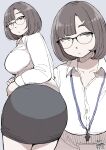 1girl absurdres ass black_skirt blue_eyes breasts brown_hair dated glasses hadashi_no_kenji hair_ornament hairclip highres lanyard large_breasts long_sleeves looking_back mature_female multiple_views office_lady original parted_bangs shirt simple_background skirt solo white_shirt 