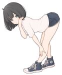 1girl 1ssakawaguchi absurdres ahoge bent_over black_hair blue_eyes blue_footwear blue_shorts bob_cut closed_mouth commentary_request converse cross-laced_footwear denim denim_shorts dot_nose from_side high_tops highres ichika_(1ssakawaguchi) light_blush looking_at_viewer original shirt shoes short_hair short_shorts short_sleeves shorts simple_background sneakers solo standing white_background white_shirt 