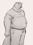 2022 anthro belly biped clothing digital_drawing_(artwork) digital_media_(artwork) eyebrows eyes_closed fur greyscale hair male mammal monochrome mosin mosin_(character) mustelid open_mouth otter overweight overweight_anthro overweight_male shirt sigh simple_background smile solo standing sweatpants t-shirt tail topwear white_background