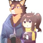  1boy 1girl animal_ears blue_jacket brown_eyes brown_hair brown_jacket chibi claws dog_boy dog_ears female_protagonist_(live_a_hero) furry furry_male highres holding_thermos hood hooded_jacket jacket live_a_hero ponytail pubraseer_(live_a_hero) purple_eyes scarf wang_yzzx white_background yellow_scarf 