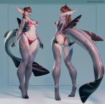  2024 3d_(artwork) 4_toes 5_fingers agate_(mandra57) anthro arm_fins bangs barefoot bikini breasts brown_hair butt camel_toe claws cleavage clothed clothing countershade_face countershade_tail countershade_torso countershading digital_media_(artwork) digitigrade ear_fins ear_piercing ear_ring eyelashes feet female fin fingers fish full-length_portrait grey_body hair hi_res looking_aside looking_back mandra57 marine multiple_poses navel orange_eyes piercing ponytail portrait pose pupils red_clothing ring_piercing scar shark sharp_teeth slit_pupils standing swimwear tail tail_fin teeth thick_thighs toe_claws toes 