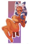  1girl ahsoka_tano alien alternate_breast_size arm_strap barefoot blue_eyes blush breasts brown_gloves brown_lips colored_skin covering_nipples covering_privates english_commentary facial_tattoo fingerless_gloves full_body gloves headband highres invisible_chair klimspree large_breasts lekku_(anatomy) looking_at_viewer orange_skin pelvic_curtain sitting smile solo star_wars star_wars:_the_clone_wars tattoo toes togruta topless 
