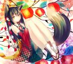  1girl abandon_ranka abstract animal_ears bare_legs bell black_hair bow checkered_background commentary_request detached_sleeves dress expressionless fox_ears fox_tail hair_bow hand_on_own_knee highres leaf long_hair looking_at_viewer original sandals socks solo tabi tail wide_sleeves yellow_eyes 