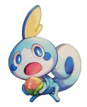  :o berry_(pokemon) blue_eyes bright_pupils commentary_request food fruit full_body holding holding_food holding_fruit looking_at_viewer no_humans open_mouth pokemon pokemon_(creature) simple_background sobble solo tako2_eaka watermark white_background white_pupils 