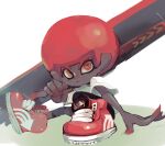  1boy afro black_leggings carbon_roller_(splatoon) dark-skinned_male dark_skin holding koike3582 leggings octoling octoling_boy octoling_player_character red_eyes red_footwear red_hair ringed_eyes shirt shoes short_hair short_sleeves sitting solo splatoon_(series) t-shirt white_shirt 