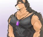  1boy animal_ears black_shirt blush brown_eyes dog_boy dog_ears furry furry_male gem highres jewelry live_a_hero male_focus muscular muscular_male necklace pectorals pubraseer_(live_a_hero) shirt sleeveless sleeveless_shirt sweatdrop upper_body wang_yzzx 