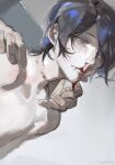  1boy blood blood_drip blue_hair bruise_on_neck collarbone crying crying_with_eyes_open dutch_angle eyelashes fingernails grey_background grey_eyes gslkey hand_on_another&#039;s_shoulder highres kitagawa_yuusuke looking_ahead male_focus nosebleed parted_lips persona persona_5 short_hair simple_background solo_focus streaming_tears tears topless_male weibo_watermark 