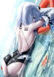  1girl absurdres ass back_tattoo barcode barcode_tattoo black_one-piece_swimsuit blush breasts detached_sleeves eyewear_on_head grey_hair highres lifeboat long_hair long_sleeves lying_on_water manjo_(warito) no.21:_xxi_(solar_frost)_(punishing:_gray_raven) no.21_(punishing:_gray_raven) one-piece_swimsuit punishing:_gray_raven small_breasts solo starfish sunglasses swimsuit tattoo twintails very_long_hair white_sleeves 