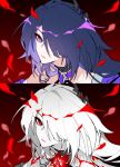  1girl acheron_(honkai:_star_rail) black_choker body_markings choker detached_sleeves flower gradient_background gumoxiansheng hair_over_one_eye highres honkai:_star_rail honkai_(series) long_hair multicolored_hair official_alternate_color official_alternate_hair_color pale_skin purple_eyes purple_hair red_eyes red_flower single_bare_shoulder streaked_hair white_hair 