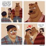 anthro bear big_muscles big_pecs blush bodily_fluids brown_hair caldatelier clothed clothing duo facial_hair french_kissing hair heart_symbol hi_res hug human human_on_anthro humor interspecies kissing larger_anthro larger_male male male/male mammal man_vs_bear musclegut muscular muscular_anthro muscular_male mustache open_clothing open_shirt open_topwear pecs romantic romantic_couple shirt size_difference smaller_human smaller_male sweat topwear