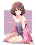  1girl :o barefoot breasts brown_eyes brown_hair collarbone commentary_request copyright_name dated hibike!_euphonium highres long_sleeves looking_at_viewer loungewear nii_manabu oumae_kumiko purple_background short_hair signature sitting small_breasts solo thighs toes two-tone_background white_background 