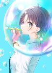  1girl absurdres asakura_toru blowing_bubbles blue_background blue_eyes blue_nails bracelet brown_hair bubble bubble_pipe hair_ornament hairclip highres idolmaster idolmaster_shiny_colors jewelry necktie shirt sho_(sumika) short_hair simple_background soap_bubbles solo upper_body white_shirt 