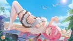  1girl absurdres animal beach bikini bikini_skirt bird blue_eyes blue_sky blurry blurry_foreground bottle bracelet breasts chinese_commentary cloud comet_(user_fjsa4577) commentary_request day depth_of_field elysia_(honkai_impact) elysia_(miss_pink_elf)_(honkai_impact) elysia_(summer_miss_elf)_(honkai_impact) flower food frills highres honkai_(series) honkai_impact_3rd jewelry knees_up large_breasts long_hair ocean official_alternate_costume outdoors palm_tree pink_flower pink_hair sand see-through single_thighhigh skirt sky smile solo summer sun swimsuit thighhighs toes towel tree water white_thighhighs 