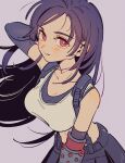 1girl bare_shoulders black_hair blush breasts bright_pupils detached_sleeves eyelashes final_fantasy final_fantasy_vii grey_background hand_up highres long_hair looking_at_viewer oharu-chan parted_lips red_eyes shirt skirt smile solo tank_top tifa_lockhart white_pupils white_shirt 