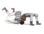  2boys black_hair boots bracer brown_footwear dark-skinned_male dark_skin dungeon_meshi highres kabru laios_touden long_sleeves male_focus multiple_boys paldrons pants short_hair simple_background suplex translation_request upside-down very_short_hair white_background zarame_pfpf 