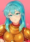  1girl aqua_eyes aqua_hair armor breastplate earrings eirika_(fire_emblem) english_commentary fire_emblem fire_emblem:_the_sacred_stones hair_between_eyes highres jewelry long_hair looking_at_viewer parted_lips red_background red_shirt revolverwing shirt short_sleeves shoulder_armor sidelocks solo 