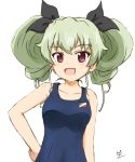  :d anchovy artist_name bangs black_ribbon blue_swimsuit commentary drill_hair eyebrows_visible_through_hair girls_und_panzer green_hair hair_ribbon hand_on_hip long_hair looking_at_viewer ma-2_(konkon_kitakitsune) one-piece_swimsuit open_mouth red_eyes ribbon school_swimsuit signature simple_background smile swimsuit twin_drills twintails upper_body white_background 