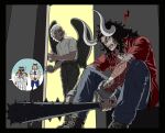  4boys aged_down angry arm_tattoo asymmetrical_hair black_hair black_wings broken_handcuffs club_(weapon) coat coat_on_shoulders curled_horns epaulettes facial_hair facial_tattoo goatee gun holding holding_gun holding_sword holding_weapon horns kaidou_(one_piece) kanabou king_(one_piece) long_hair male_focus marine_(one_piece) medium_hair multiple_boys mustache one_piece opening_door red_shirt shirt short_sleeves sitting skull_tattoo solbangul00 sweatdrop sword tattoo weapon white_coat white_hair white_shirt wings 