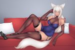  1girl absurdres animal_ears blue_eyes breasts cat_ears cat_girl cat_tail emma_pressure highres legs long_hair mature_female medium_breasts simple_background smile solo tail thighhighs thighs 