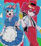  2girls ;d apron asameyayo39 black_eyes black_necktie blue_dress blue_hair blue_sky bow closed_mouth cloud collared_shirt commentary_request confetti cowboy_shot dress drill_hair empty_eyes gloves hand_up hat hatsune_miku highres index_finger_raised kasane_teto long_hair looking_at_viewer mesmerizer_(vocaloid) multiple_girls necktie nervous_smile nervous_sweating one_eye_closed open_mouth pants puffy_short_sleeves puffy_sleeves red_bow red_eyes red_hair red_hat red_pants sharp_teeth shirt short_sleeves sidelocks sky smile striped_bow striped_clothes striped_dress striped_shirt sweat teeth tongue tongue_out twin_drills twintails utau visor_cap vocaloid waist_apron white_apron white_shirt yellow_gloves 