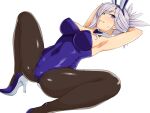  1girl animal_ears armpits arms_up bad_source blue_eyes blush bow bowtie breasts brown_pantyhose covered_navel detached_collar fake_animal_ears fate/grand_order fate_(series) grey_hair haruhisky high_heels large_breasts long_hair looking_at_viewer lying miyamoto_musashi_(fate) on_back pantyhose playboy_bunny ponytail purple_bow purple_bowtie purple_footwear purple_pantyhose rabbit_ears simple_background solo teeth white_background white_wrist_cuffs wrist_cuffs 