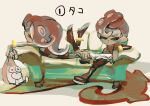 1boy 1girl agent_8_(splatoon) black_footwear black_shirt black_skirt book boots closed_mouth couch crop_top half-closed_eyes koike3582 long_hair lying miniskirt mohawk octoling octoling_boy octoling_girl octoling_player_character octotrooper on_couch on_stomach open_book red_hair shirt short_hair simple_background sitting skirt splatoon_(series) splatoon_2 splatoon_2:_octo_expansion suction_cups tentacle_hair white_background 