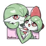  artist_name bob_cut colored_skin gardevoir green_hair highres horns kashiwa_(3920kashiwa) looking_at_viewer multicolored_skin open_mouth pink_eyes pokemon pokemon_(creature) ralts simple_background single_horn smile square two-tone_skin white_skin 