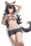  1girl absurdres animal_ear_fluff animal_ears black_hair black_shorts breasts brown_eyes clothes_lift hair_in_own_mouth highres hololive large_breasts lifted_by_self long_hair looking_at_viewer lying navel on_back ookami_mio parted_lips red_hair shirt_lift short_shorts short_sleeves shorts simple_background solo stomach striped_clothes sunai sweat tail underboob virtual_youtuber white_background wolf_ears wolf_tail 