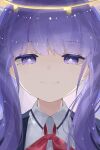  1girl absurdres bright_pupils close-up closed_mouth collared_shirt commentary_request diamond-shaped_pupils diamond_(shape) fang floating_hair_ornament halo highres izu_(izu_16016) light_smile long_hair looking_at_viewer neck_ribbon portrait purple_eyes purple_hair red_ribbon ribbon shirt shuuten_no_saki_ga_aru_to_suru_naraba_(tuyu) simple_background solo straight-on symbol-shaped_pupils tearing_up tears tuyu_(band) twintails unkempt white_pupils white_shirt yellow_halo 