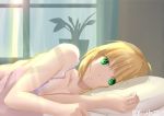 1girl absurdres ahoge artoria_pendragon_(all) bangs blonde_hair breasts cleavage closed_mouth collarbone er_ci_gudu eyebrows_visible_through_hair fate/stay_night fate_(series) green_eyes hair_between_eyes highres indoors jewelry looking_at_viewer lying on_side pillow ring saber shiny shiny_hair shirt short_hair sleeveless sleeveless_shirt small_breasts smile solo sunlight wedding_ring white_shirt 