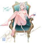  1girl aarontsay animal_ear_fluff animal_ears aqua_nails ass bar_censor barefoot breasts cat_girl cat_tail censored chair completely_nude crossed_legs cup drinking_glass easy_chair enshou_(namarien) gold_footwear high_heels highres holding holding_cup indie_virtual_youtuber large_breasts looking_at_viewer mosaic_censoring nude pussy second-party_source shoes sitting solo tail thank_you toes virtual_youtuber white_hair wine_glass 